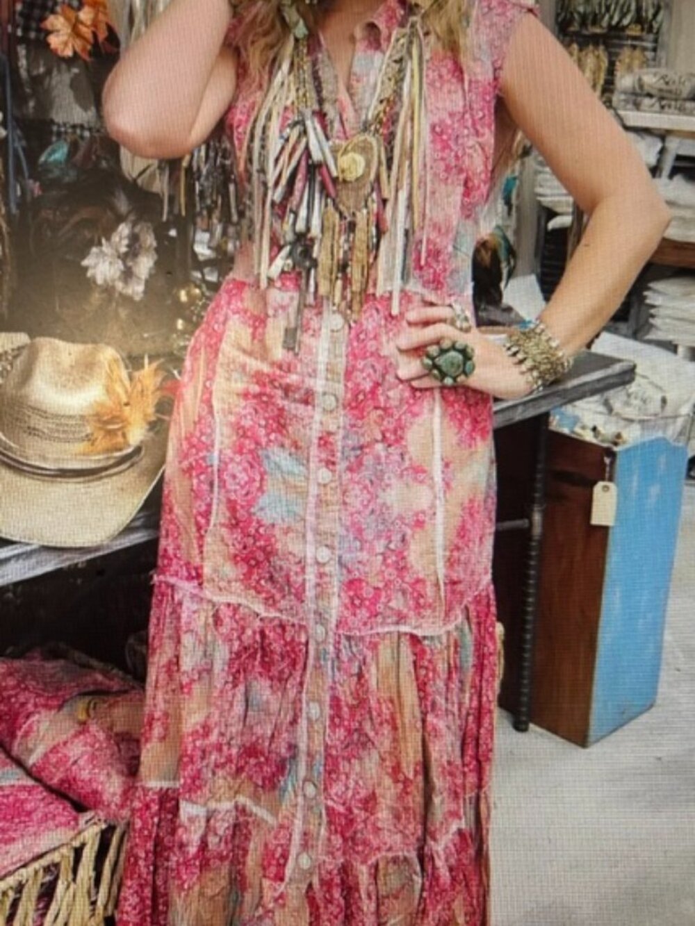 A Rare Bird Rose Floral Vintage Distressed Tiered Bandana Dress/Duster Maxi NWT